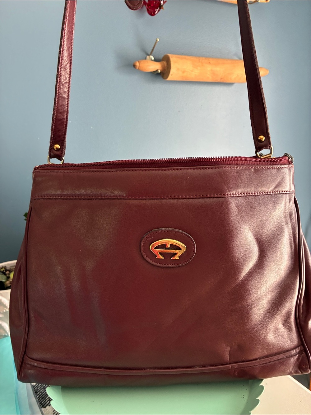 Vintage Aigner Burgundy Leather Shoulder Bag with Gold Emblem